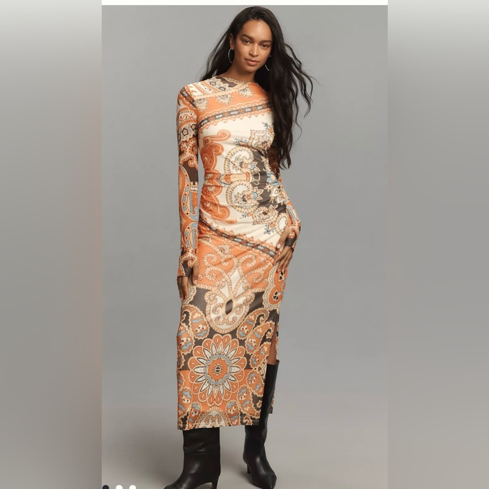 Farm Rio for Anthropologie paisley  Print Long Sleeve Dress- orange